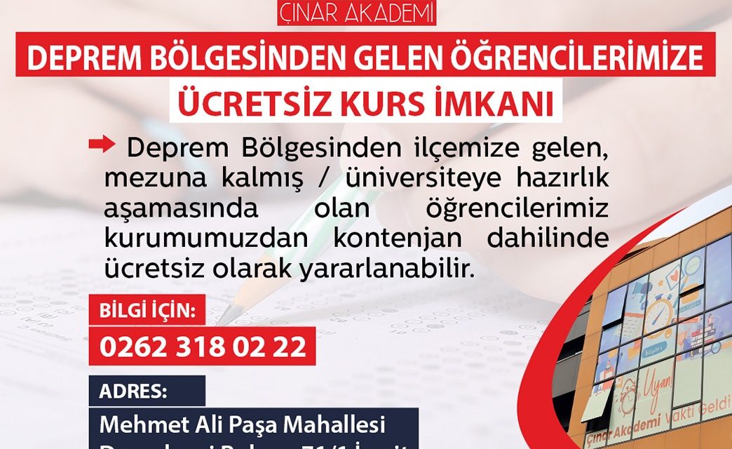 İZMİT ÇINAR AKADEMİ’DEN DEPREMZEDE ÖĞRENCİLERE ÜCRETSİZ KURS İMKANI