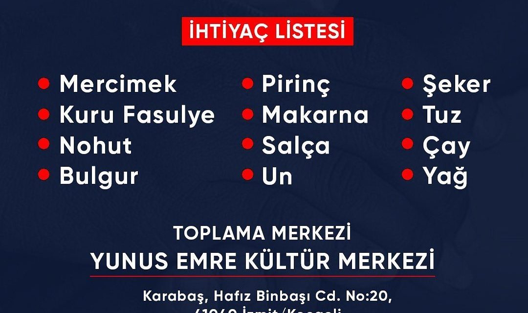 İZMİT’TEN DEPREM BÖLGESİNE KARDEŞ ELİ UZANIYOR