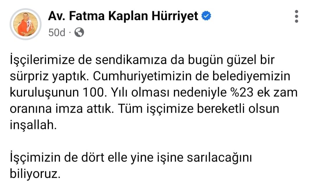 BAŞKAN HÜRRİYET: YÜZDE 23’LÜK EK ZAM TÜM İŞÇİMİZE BEREKETLİ OLSUN