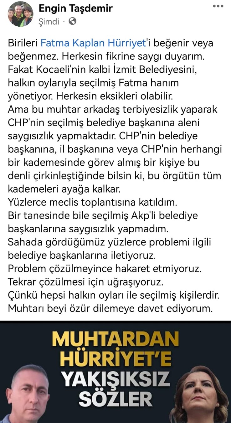 Engin Taşdemir, Hürriyet’e ağır ifadeler kullanan muhtarı özür dilemeye davet etti