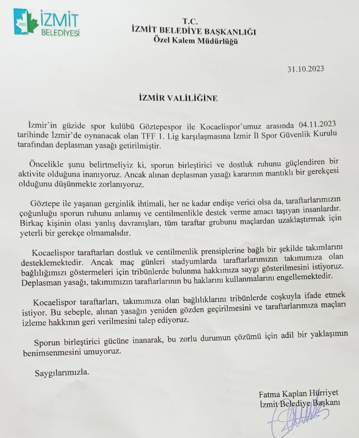 İzmir Valiliğine gönderilen yazı